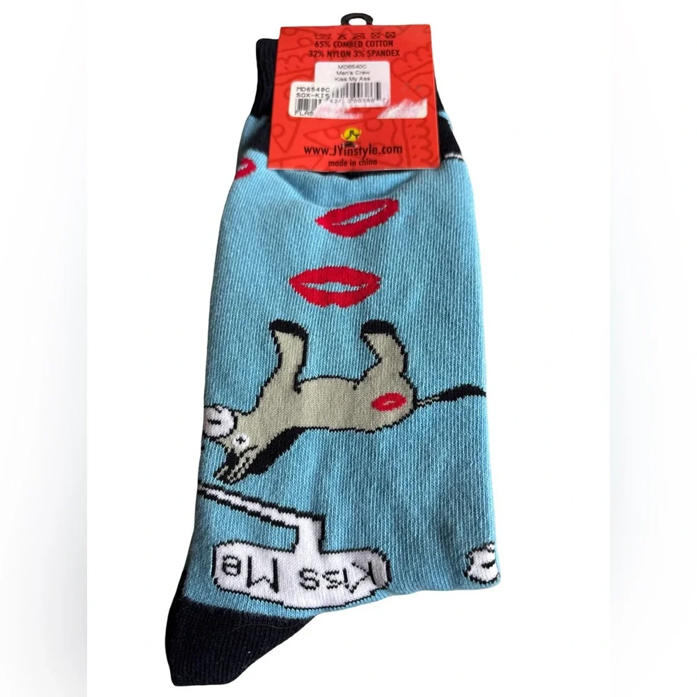 Men's Fun Blue Crew Socks with Donkey Design, Size 8-13 (3 for $12 item)